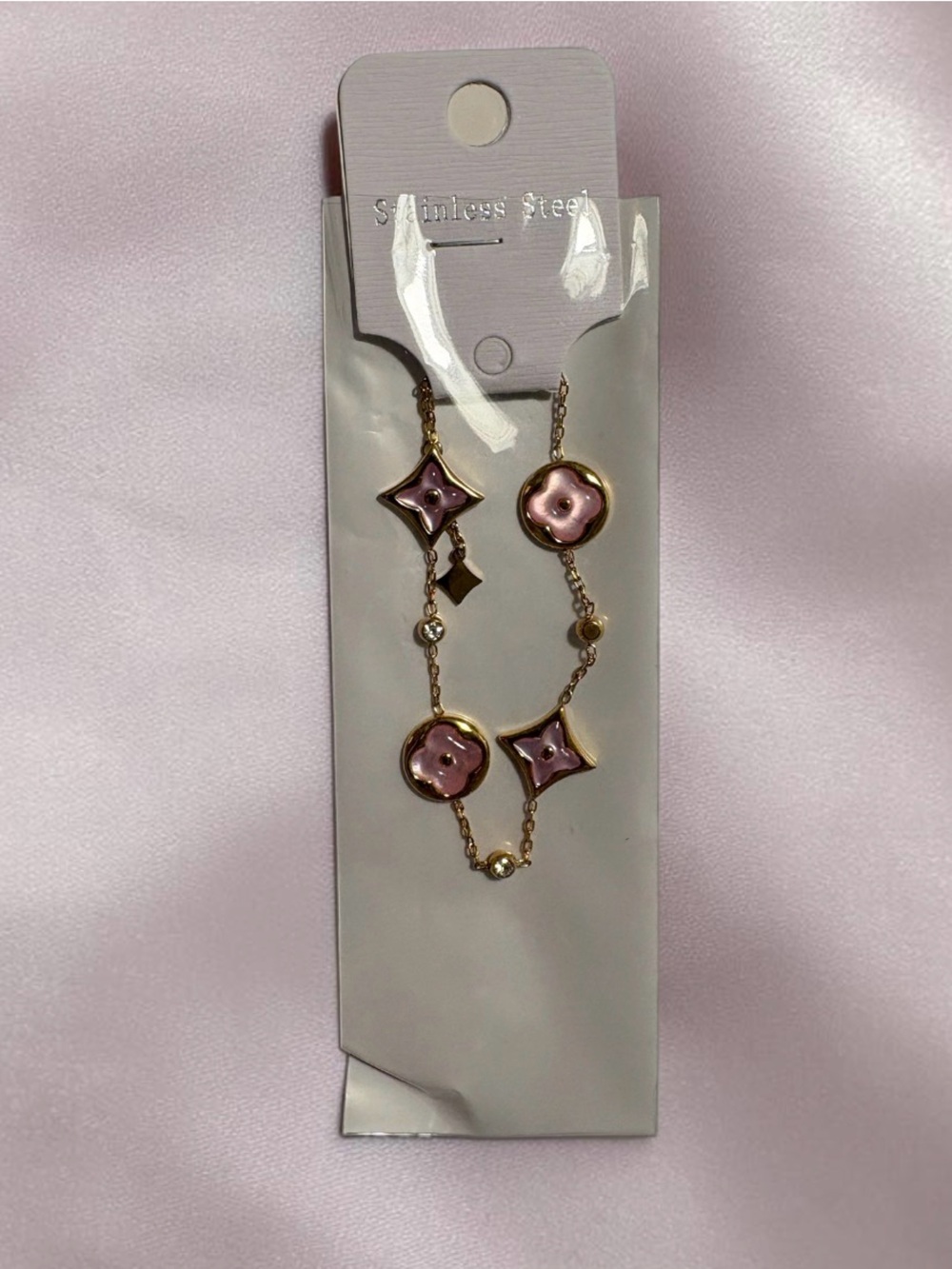 New Stainless Steel Gold-Tone Pink Flower Link Bracelet